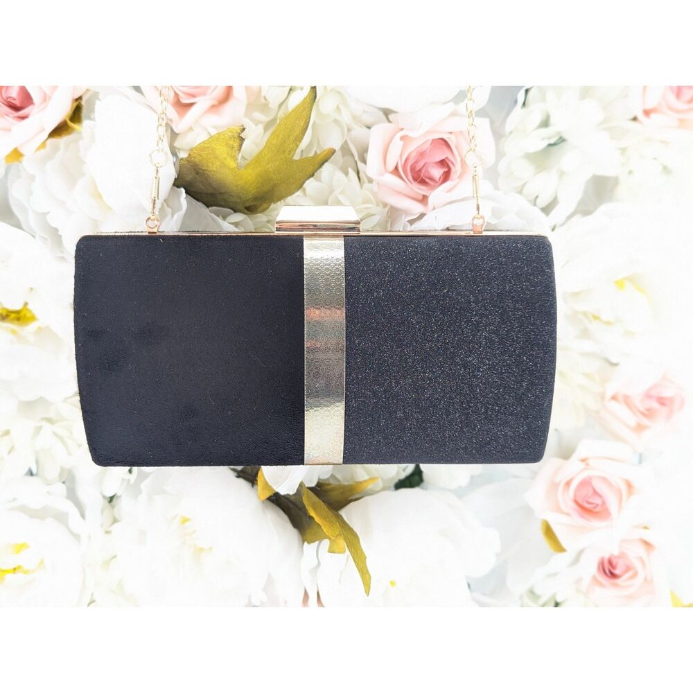 Black Gold Velvet Glitter Gold Chain Special Occasion Clutch Crossbody Purse